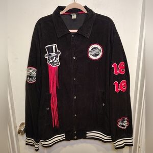 Artful Dodger Men's Black Corduroy Cracking Skulls Graphic Varsity Jacket 2XL